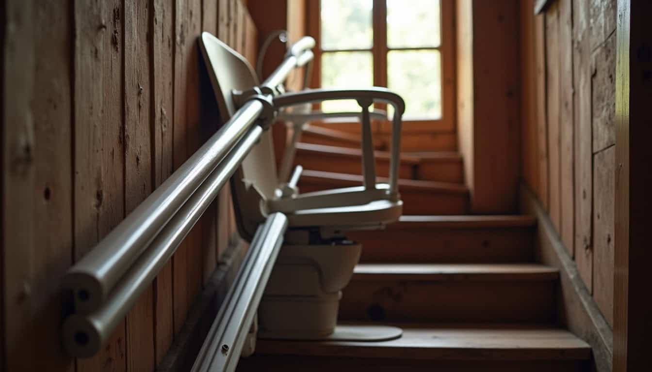 Monte-escalier installé sur un escalier étroit en bois ancien