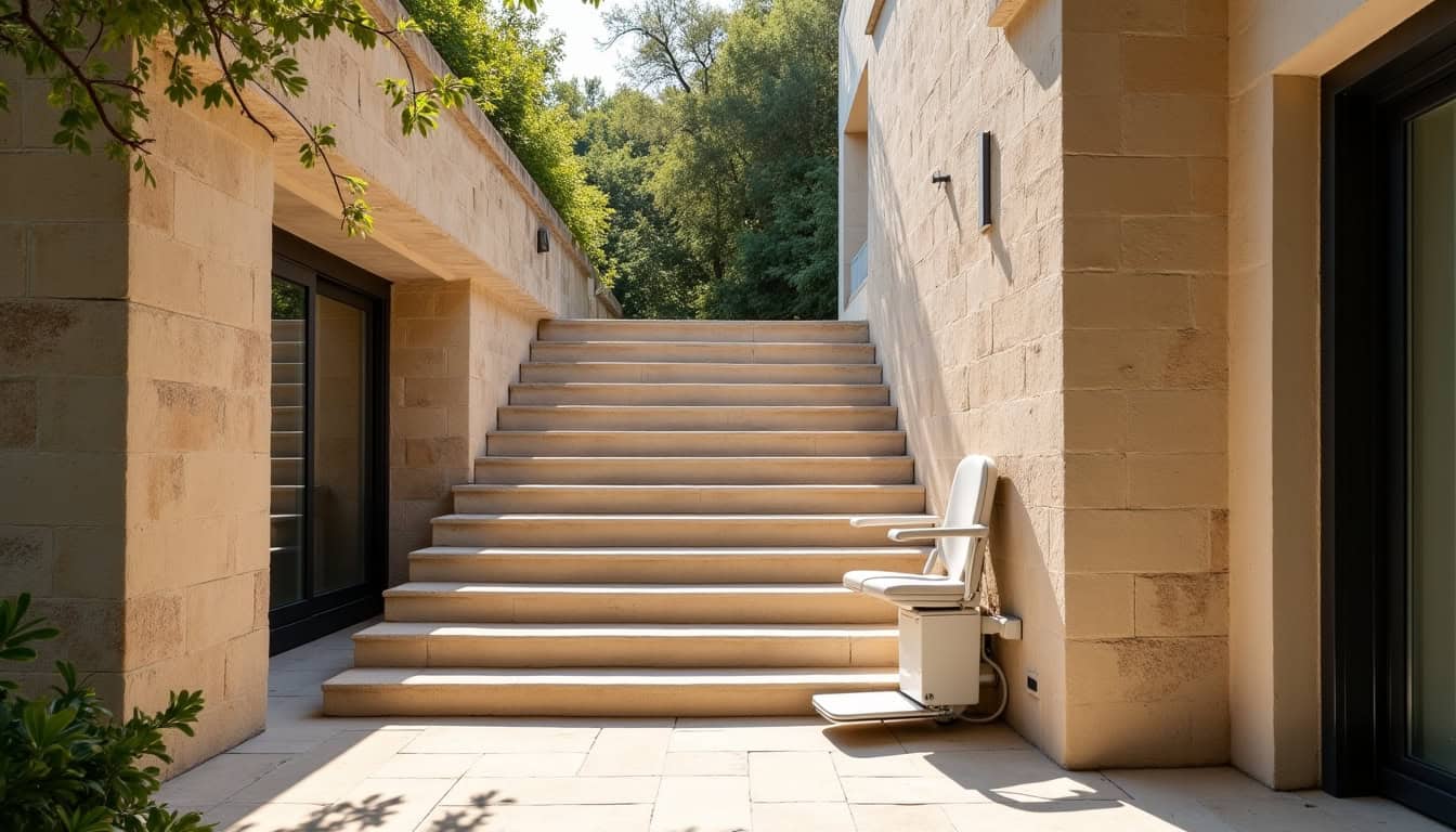 Monte-escalier installé sur un escalier extérieur à Nîmes, encastré dans un environnement traditionnel en pierre