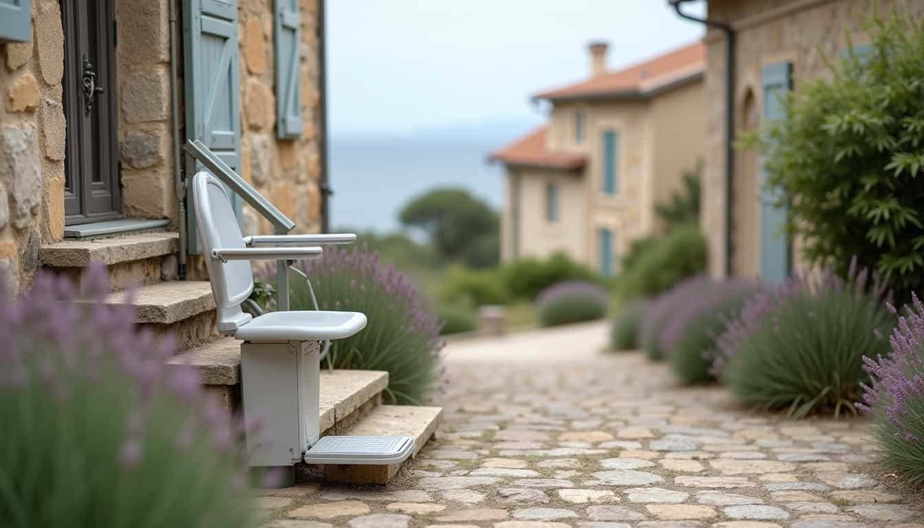 Monte-escalier installé sur un escalier extérieur à Saubusse, en cours d