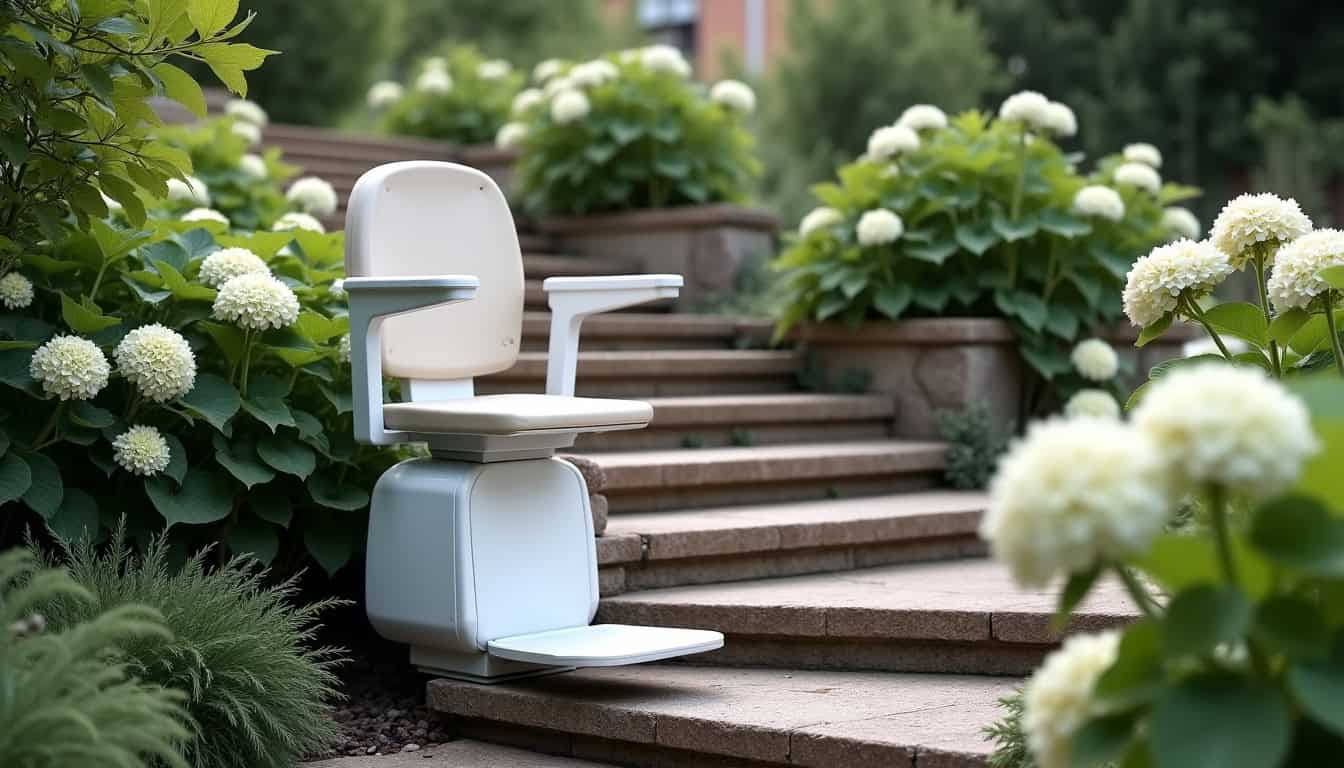 Monte-escalier installé sur un escalier extérieur dans un jardin à Sierck-les-Bains