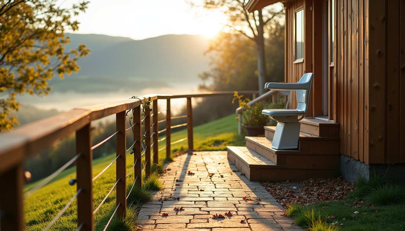 Monte-escalier installé sur un escalier extérieur en bois à Putanges-le-Lac, en milieu rural