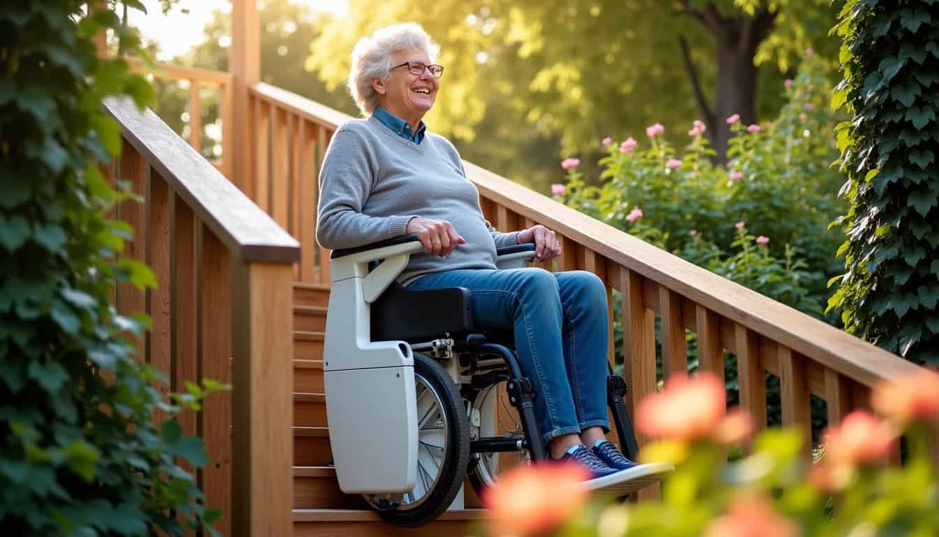 Monte-escalier installé sur un escalier extérieur en bois dans un jardin à Roaillan