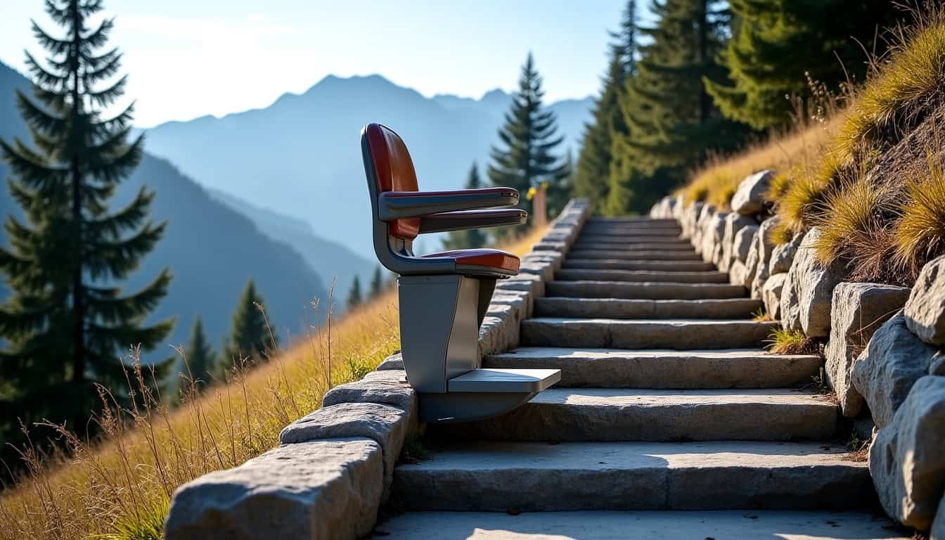 Monte-escalier installé sur un escalier extérieur en pierre à Cauterets, en milieu montagnard