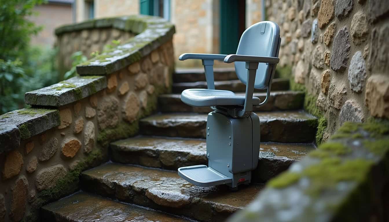 Monte-escalier installé sur un escalier extérieur en pierre, adapté aux conditions climatiques
