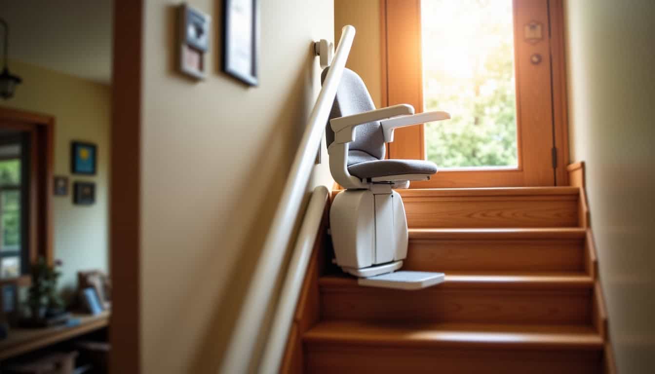 Monte-escalier installé sur un escalier intérieur droit dans une habitation à Saint-André-sur-Vieux-Jonc