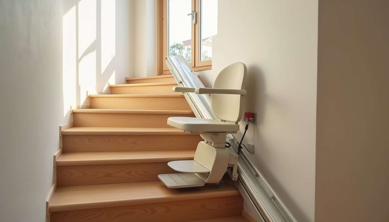 Monte-escalier installé sur un escalier intérieur en bois, modèle discret et ergonomique