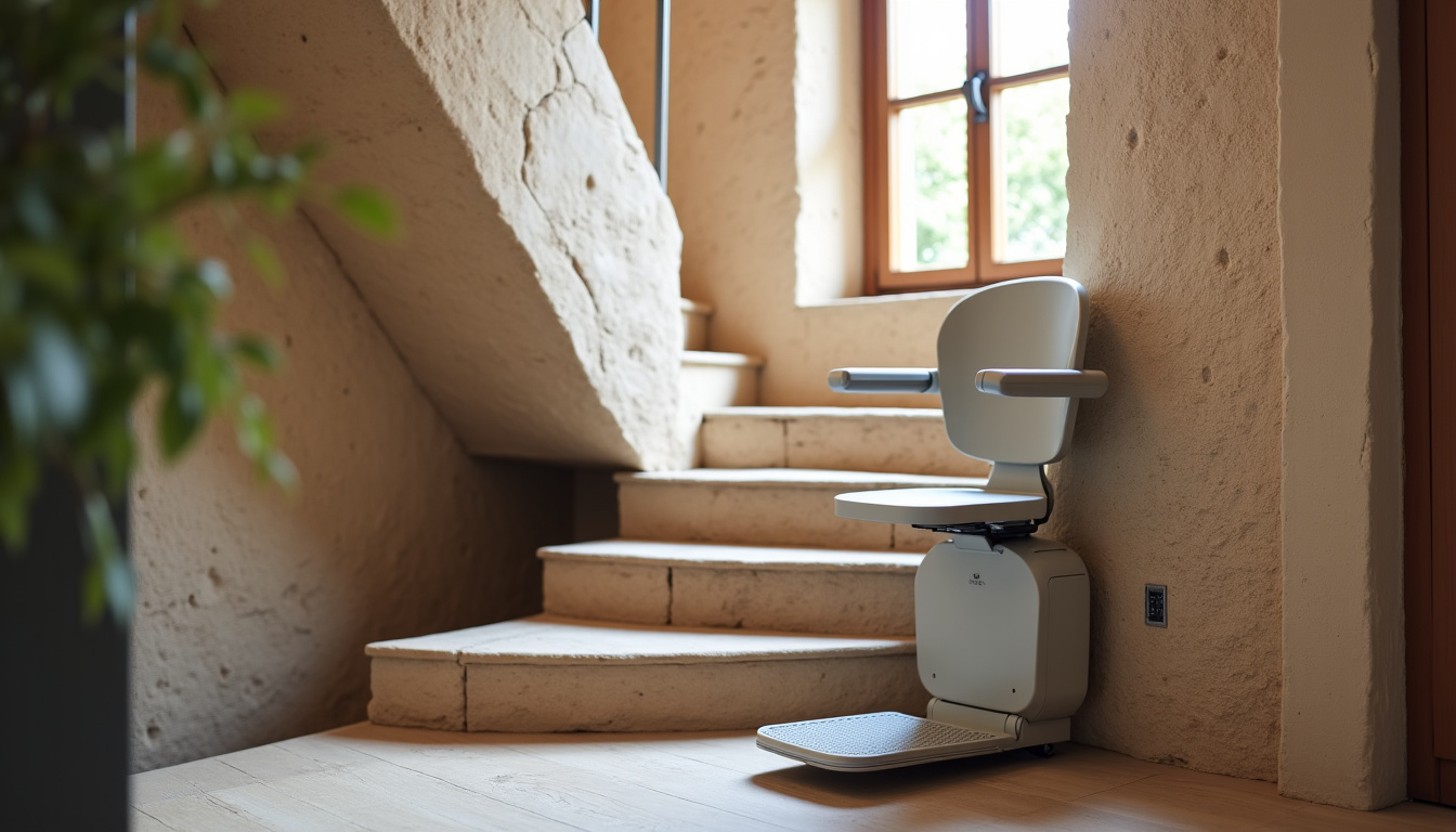 Monte-escalier installé sur un escalier intérieur en colimaçon dans une maison traditionnelle de Réalmont