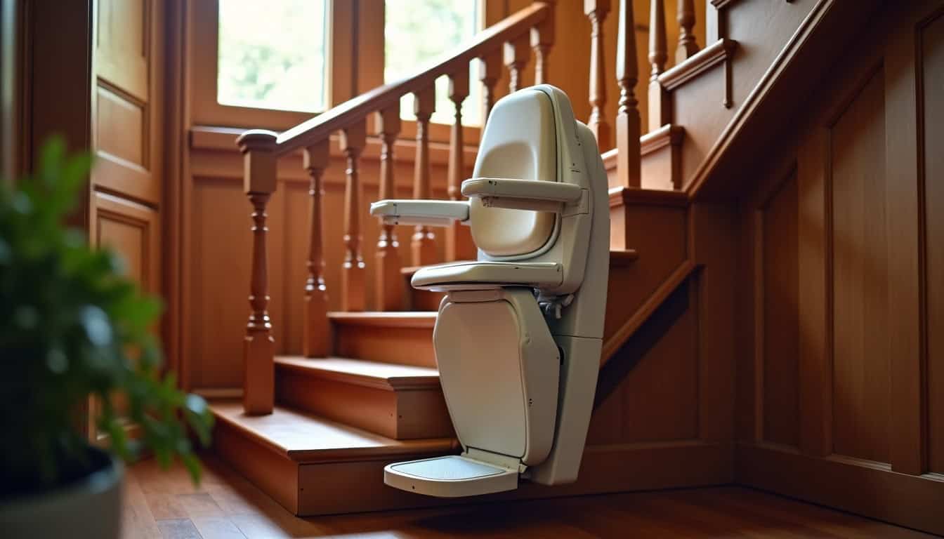 Monte-escalier installé sur un escalier tournant dans une maison à Pierry