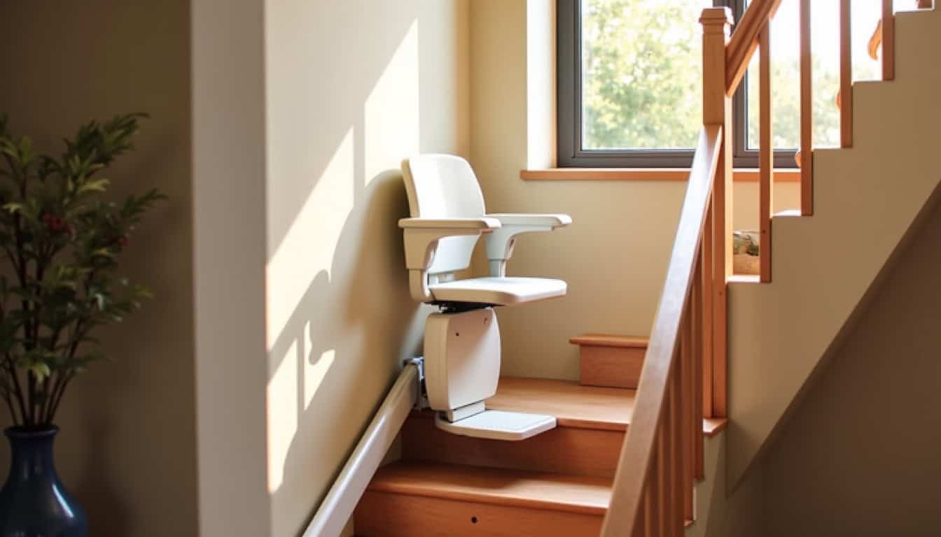 Monte-escalier installé sur un escalier tournant dans une maison à Yssingeaux