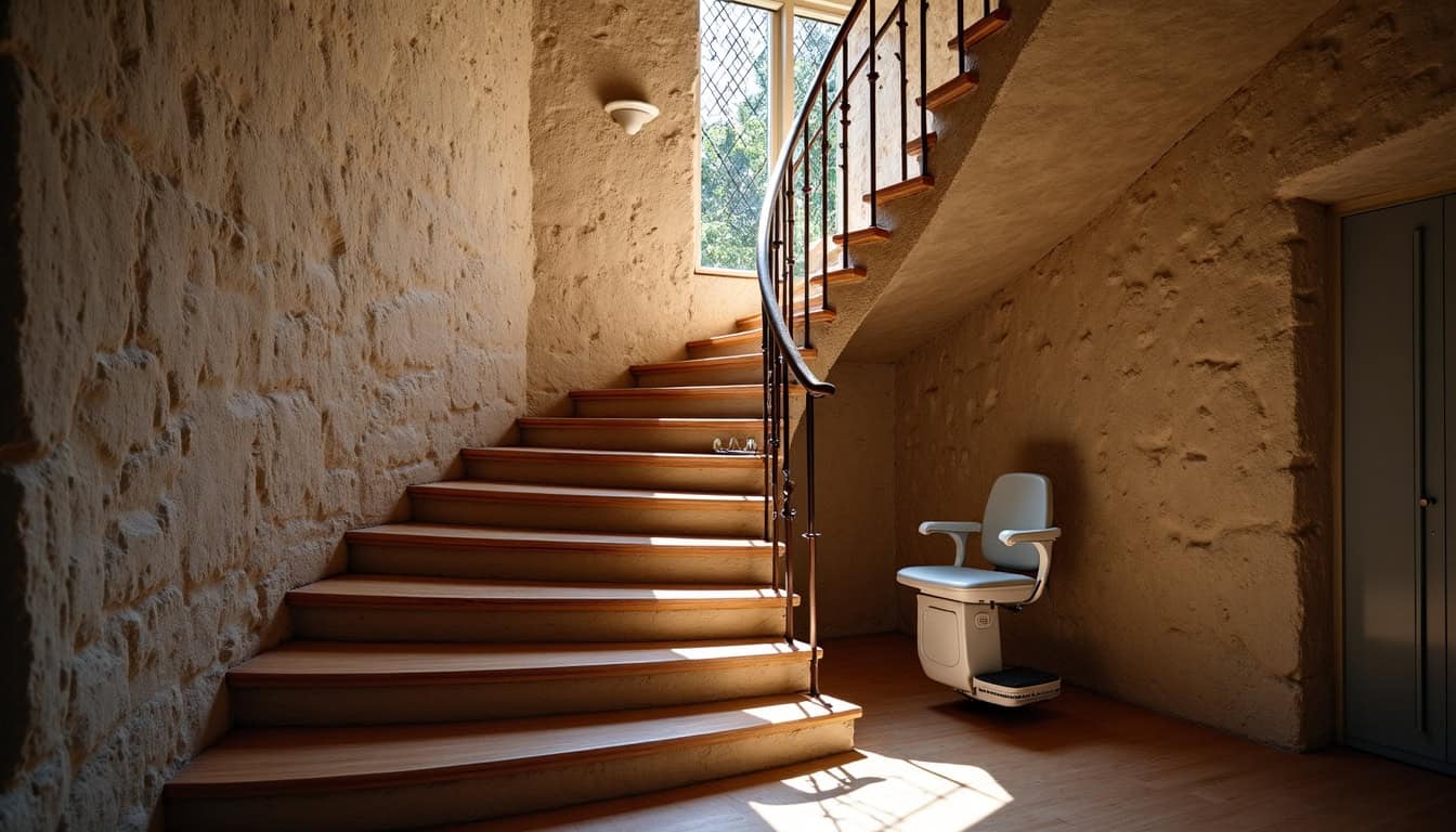 Monte-escalier installé sur un escalier tournant dans une maison ancienne à Chiché