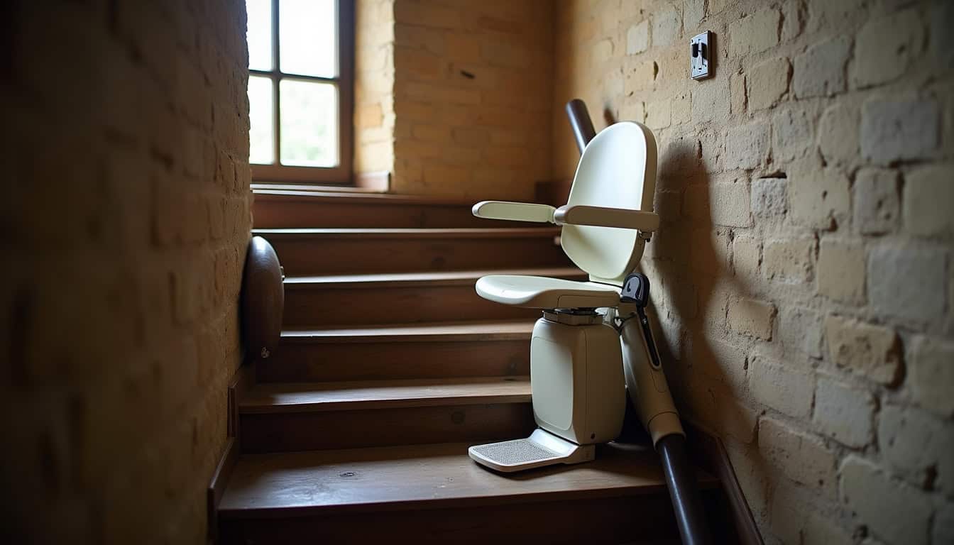 Monte-escalier installé sur un escalier tournant dans une maison ancienne à Noyers-sur-Cher