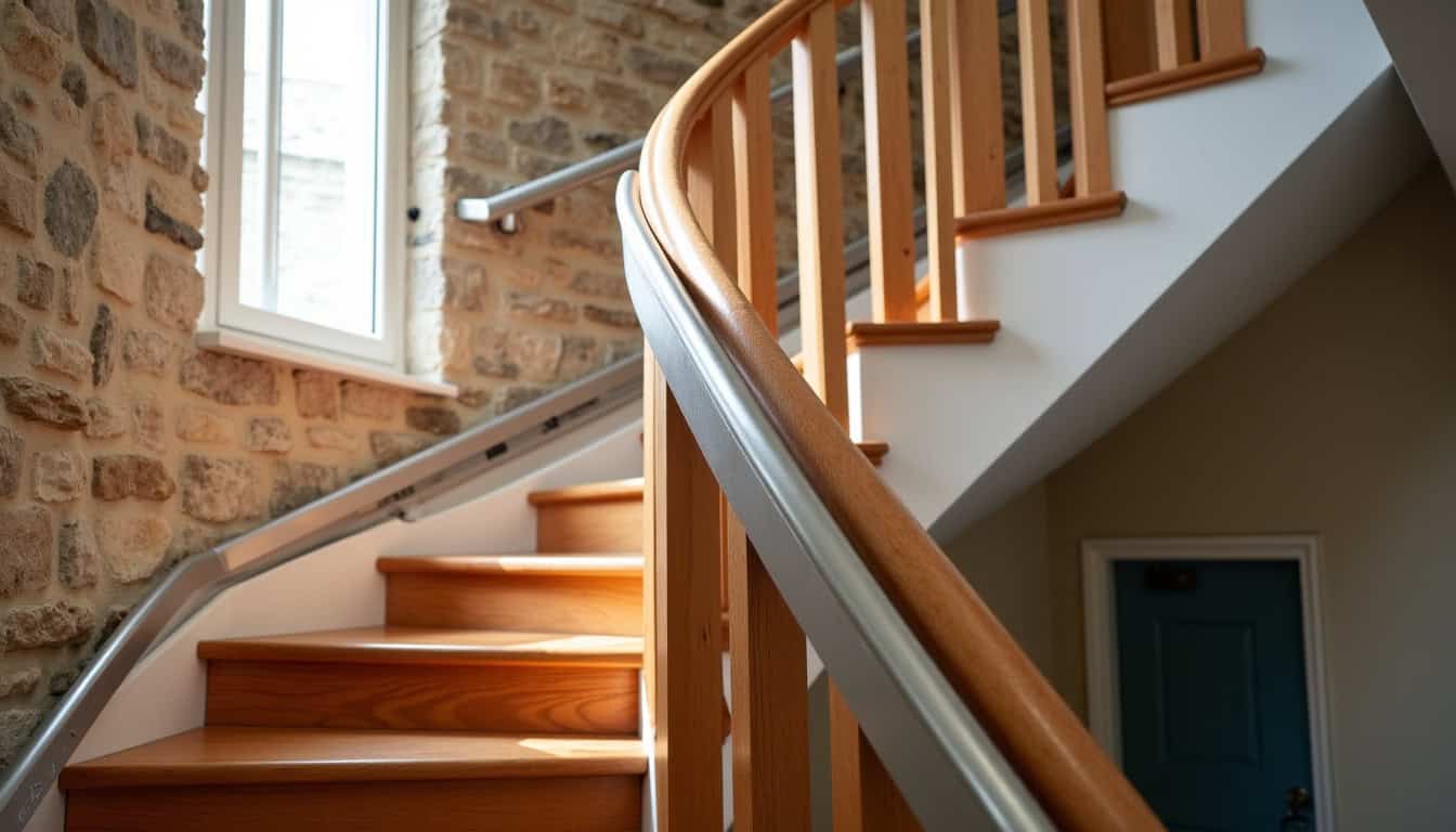 Monte-escalier installé sur un escalier tournant dans une maison bretonne à Saint-Quay-Portrieux