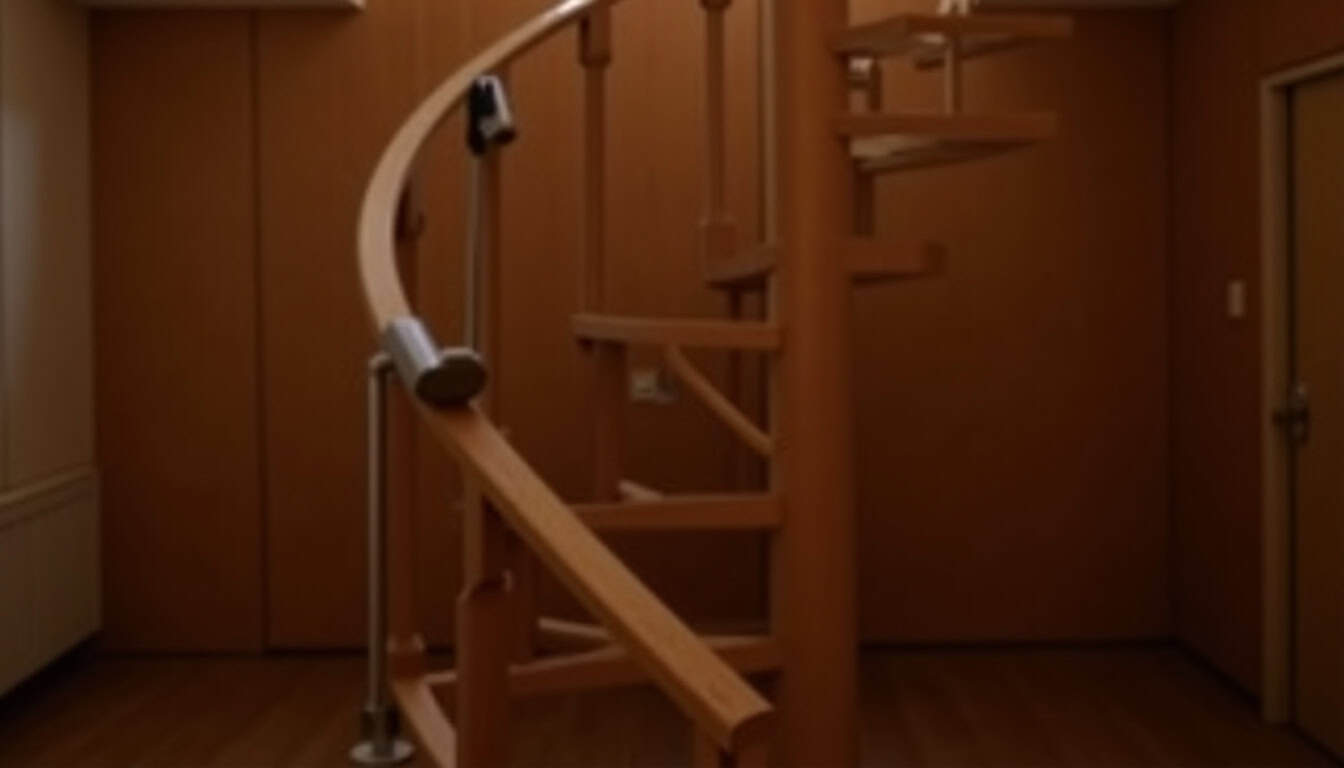 Monte-escalier installé sur un escalier tournant en bois dans une maison ancienne