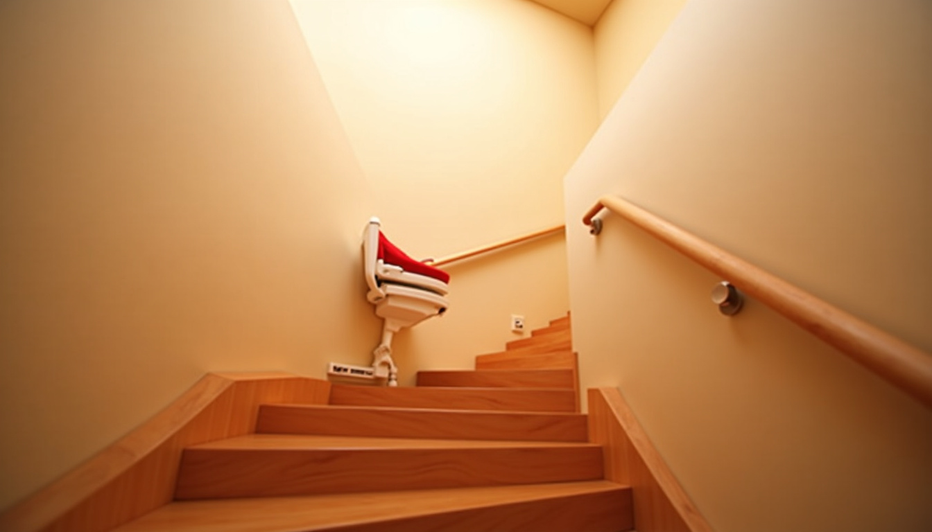 Monte-escalier installé sur un escalier tournant en bois, vue en contre-plongée