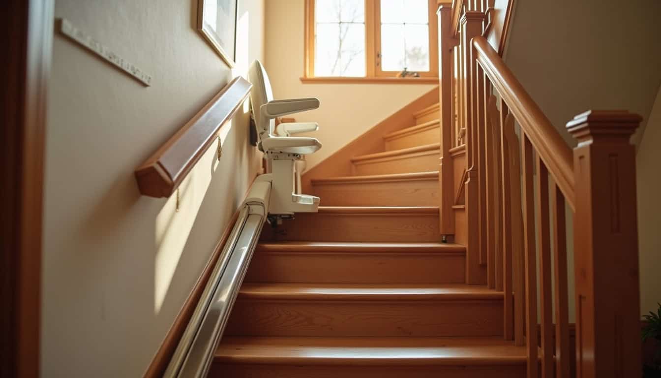 Monte-escalier intérieur droit installé dans une maison rémoise avec escalier en bois