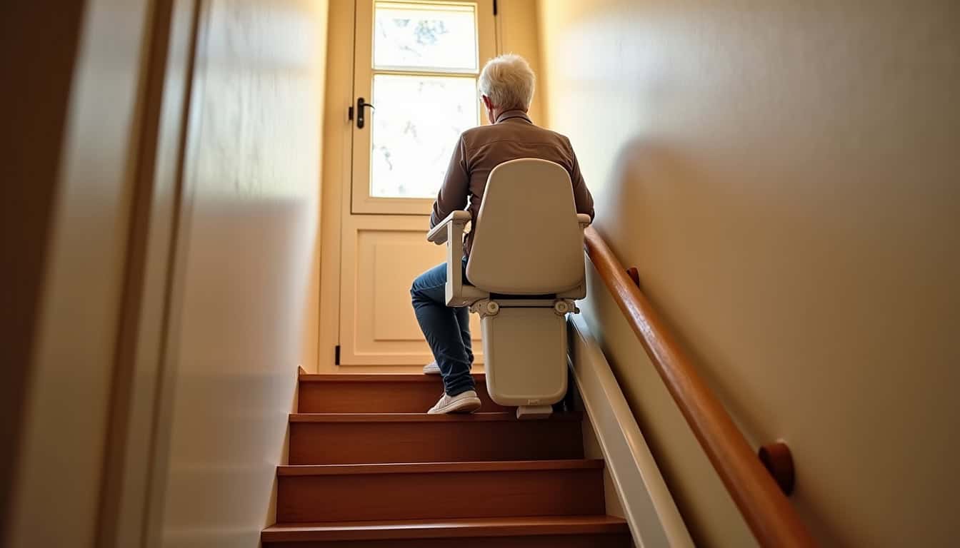 Monte-escalier intérieur en fonctionnement dans une maison à Plaudren