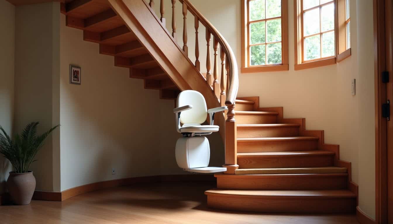 Monte-escalier intérieur installé dans un escalier en bois ancien à Alby-sur-Chéran, avec rail adapté aux courbes de l