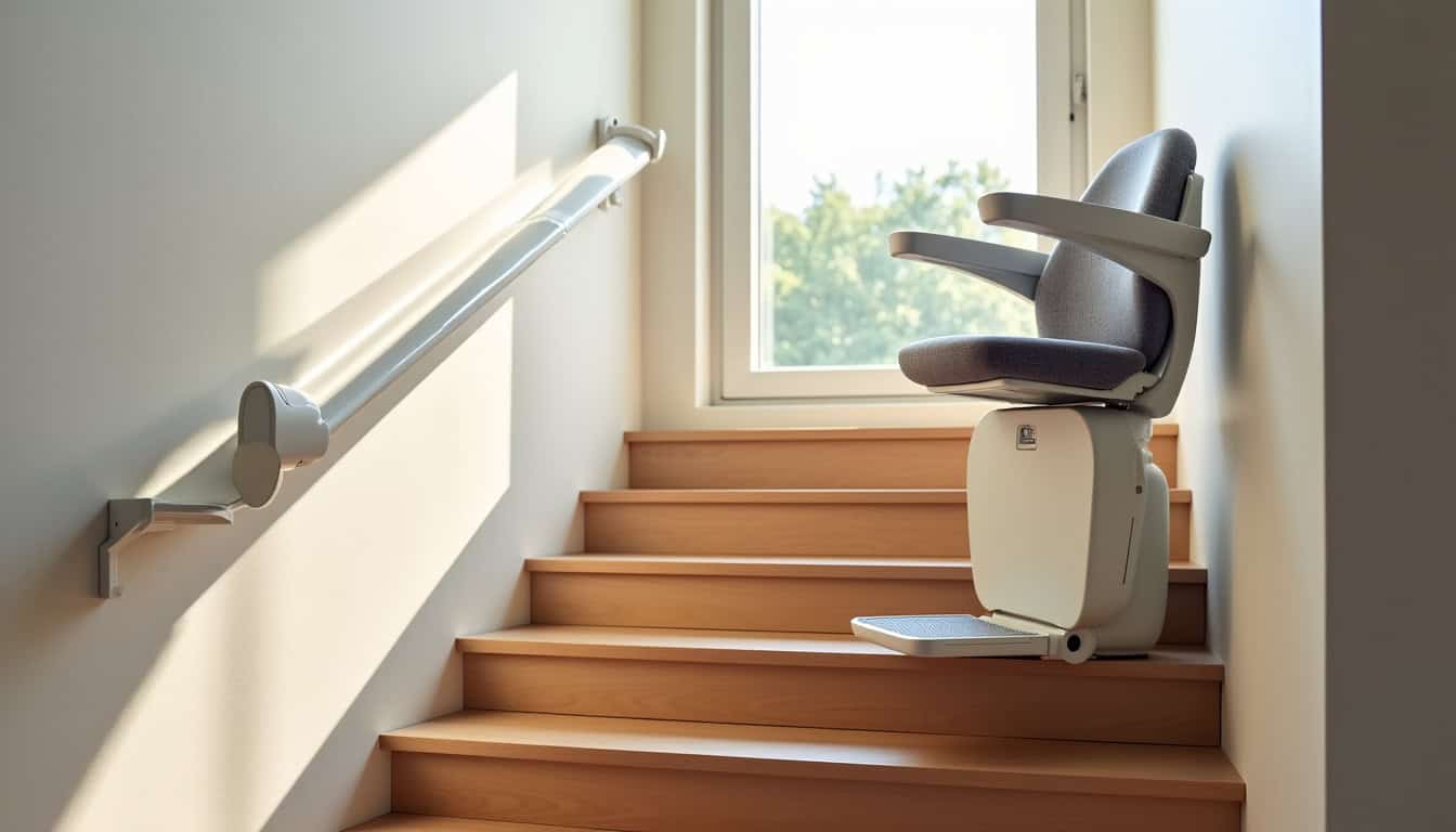 Monte-escalier intérieur installé dans une maison à Guebwiller, avec un rail discret et un siège ergonomique