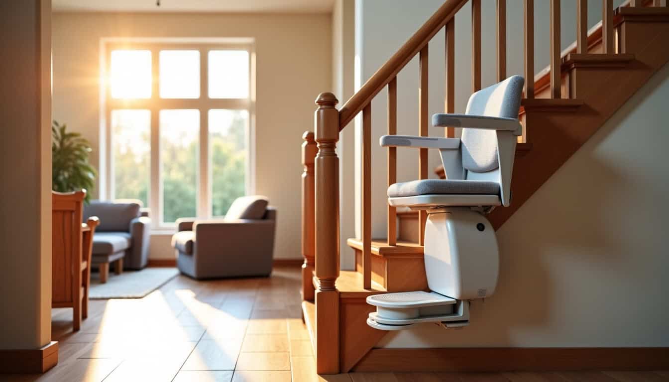 Monte-escalier intérieur installé dans une maison avec escalier droit, vue depuis le salon