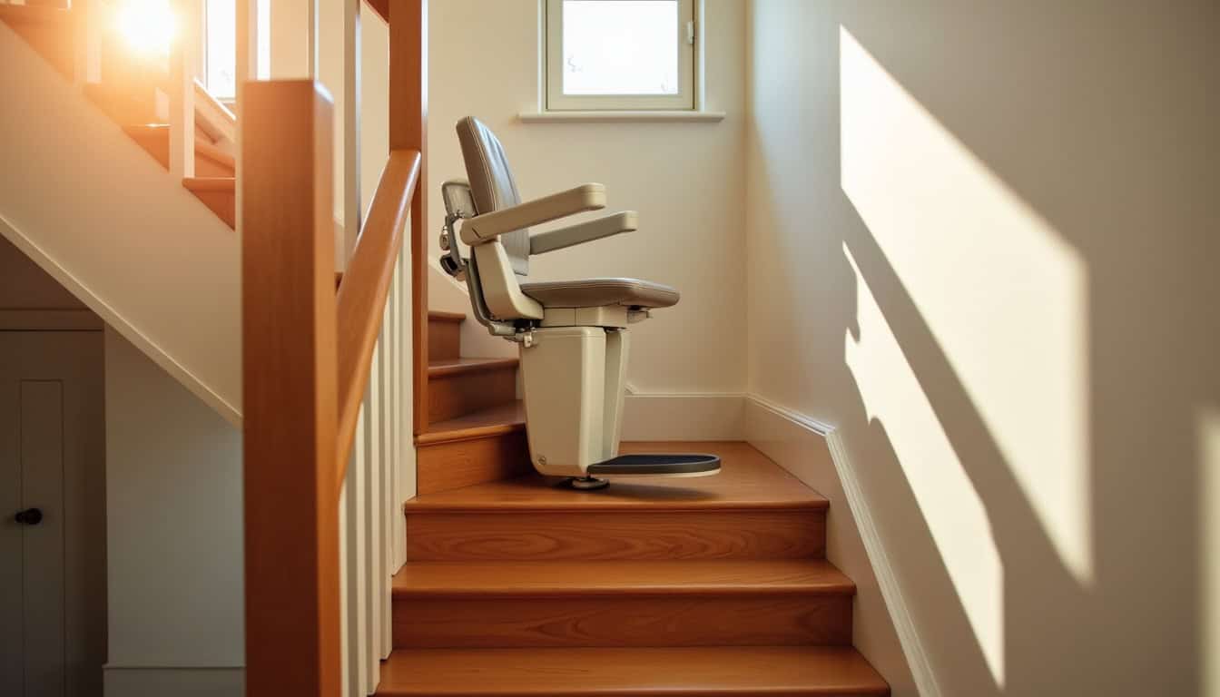 Monte-escalier intérieur installé dans une maison de Cluses, escalier traditionnel avec fauteuil replié