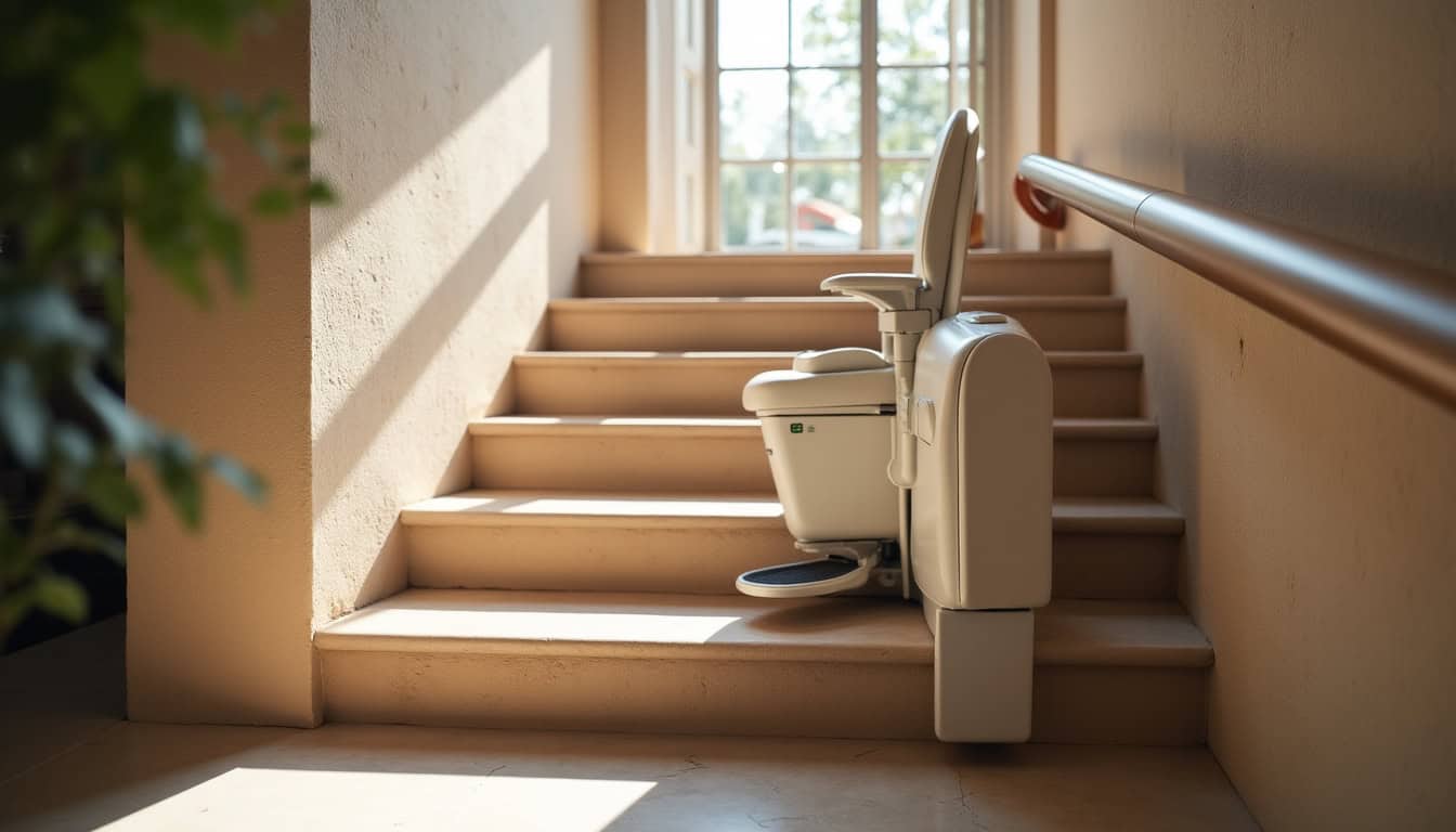 Monte-escalier intérieur installé dans une maison traditionnelle à Bécon-les-Granits, intégré discrètement à l’escalier en tuffeau