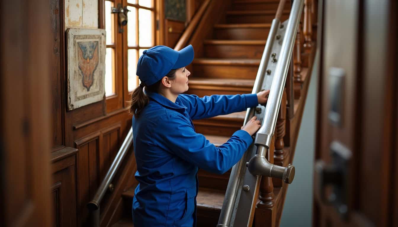 Technicien en train d’installer un monte-escalier tournant dans une maison ancienne