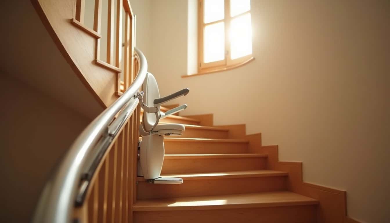 Monte-escalier installé sur un escalier intérieur en colimaçon dans une maison à Mison