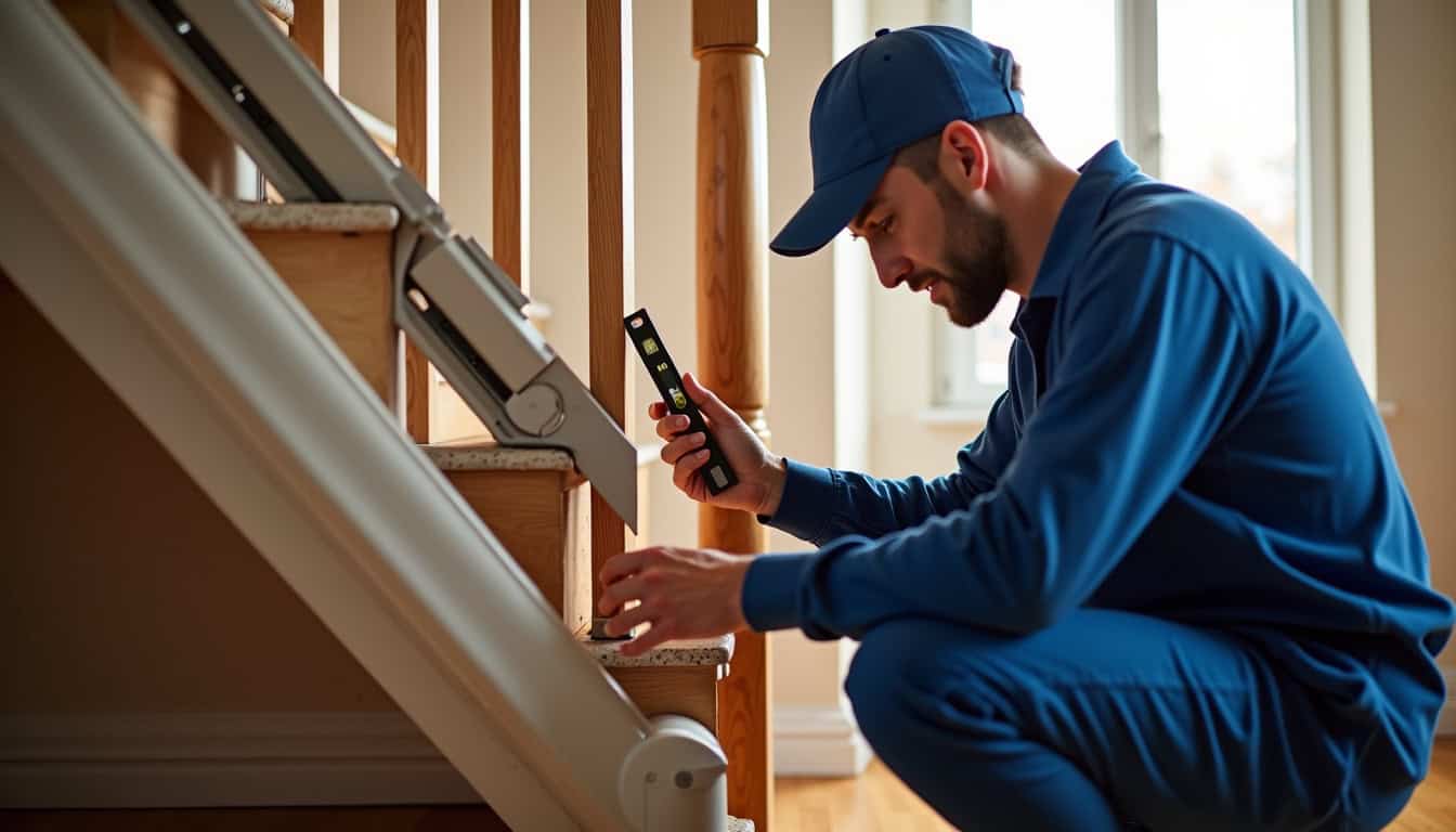 Technicien vérifiant un monte-escalier après installation à Monsempron-Libos