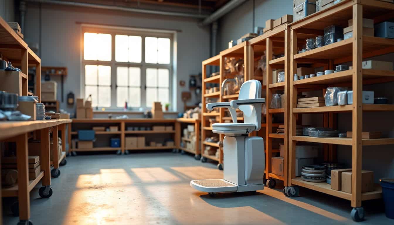 Monte-escalier reconditionné exposé dans un atelier à Naucelles