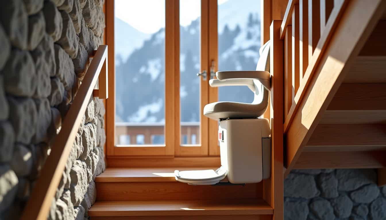 Monte-escalier reconditionné installé dans une maison de montagne près de Bozel