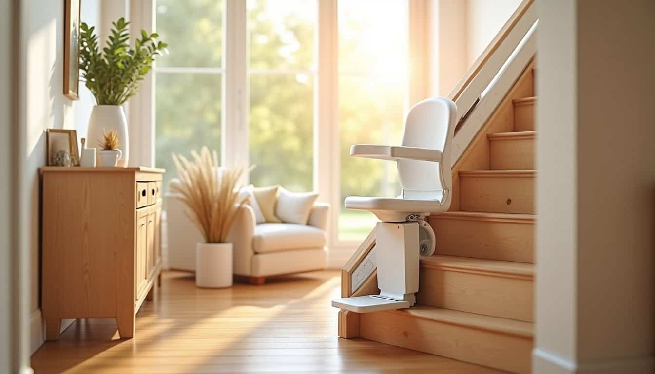 Monte-escalier installé dans une maison à Saint-Julien-du-Sault, intérieur lumineux avec escalier bois