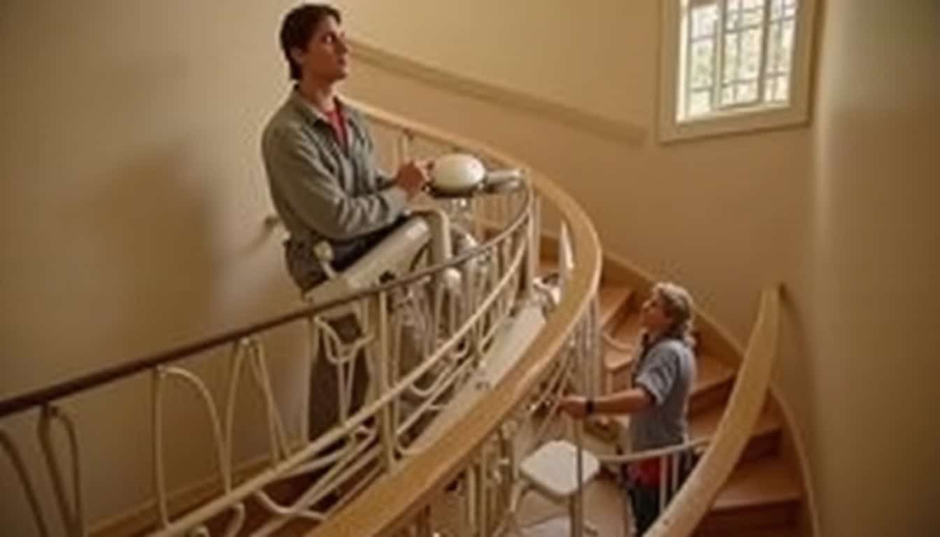 Monte-escalier tournant en cours de pose sur un escalier en colimaçon