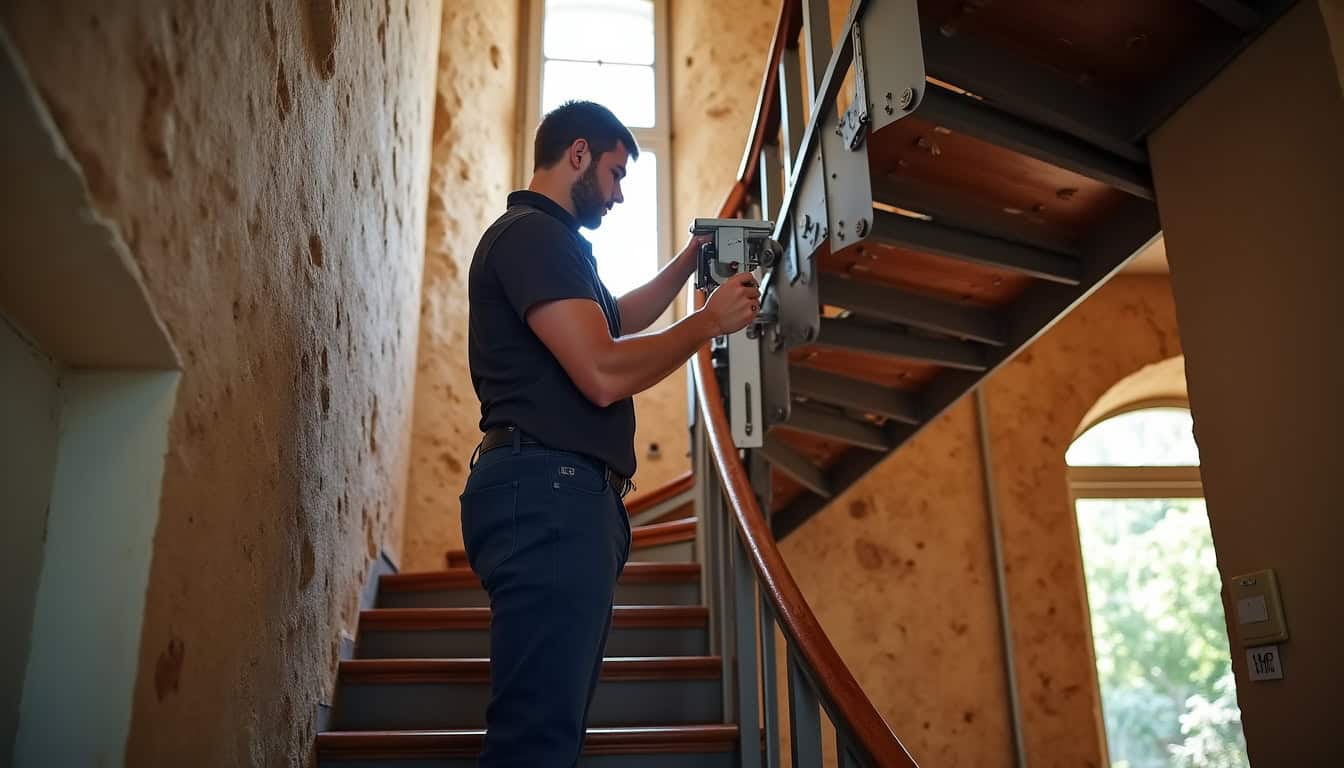 Monte-escalier tournant en cours d’installation dans un escalier en colimaçon à Cadours