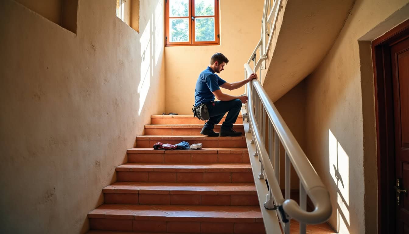 Monte-escalier tournant en cours d’installation dans une maison typique de Saint-Paul-de-Vence