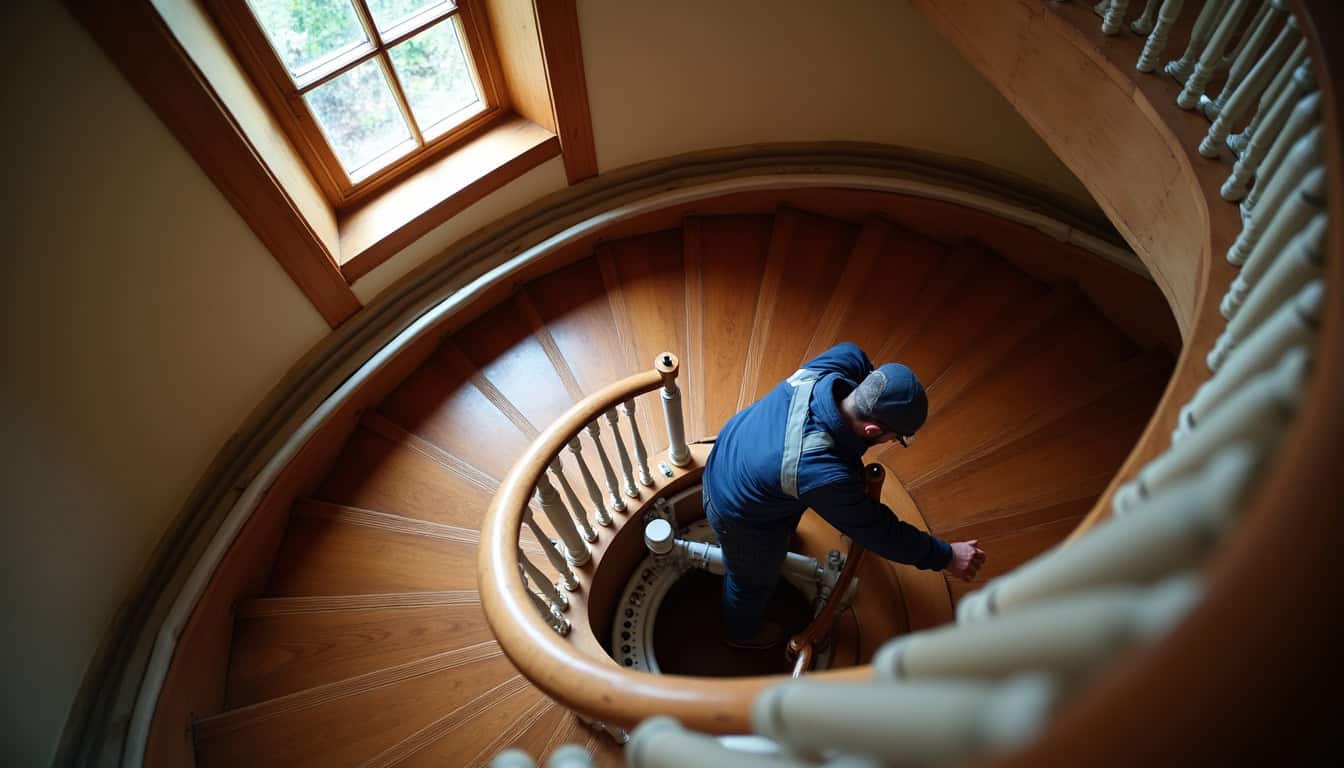 Monte-escalier tournant en cours d’installation sur un escalier ancien en colimaçon