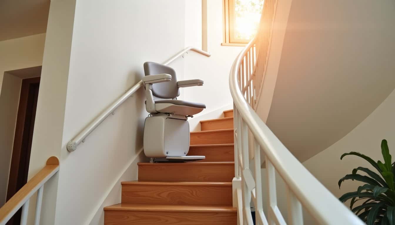 Monte-escalier tournant en cours d’utilisation dans une maison à Gros-Réderching