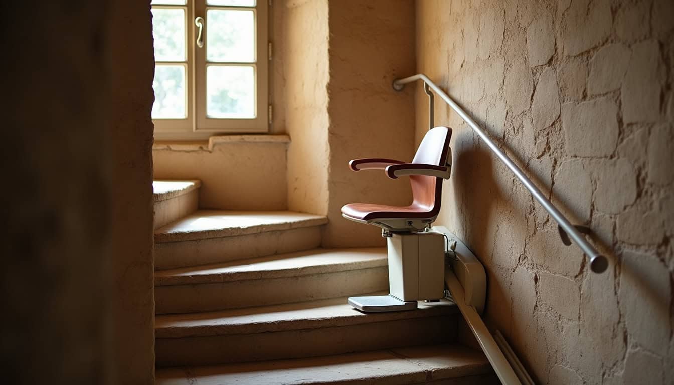 Monte-escalier tournant en cours d’utilisation dans une maison ancienne des Deux-Sèvres
