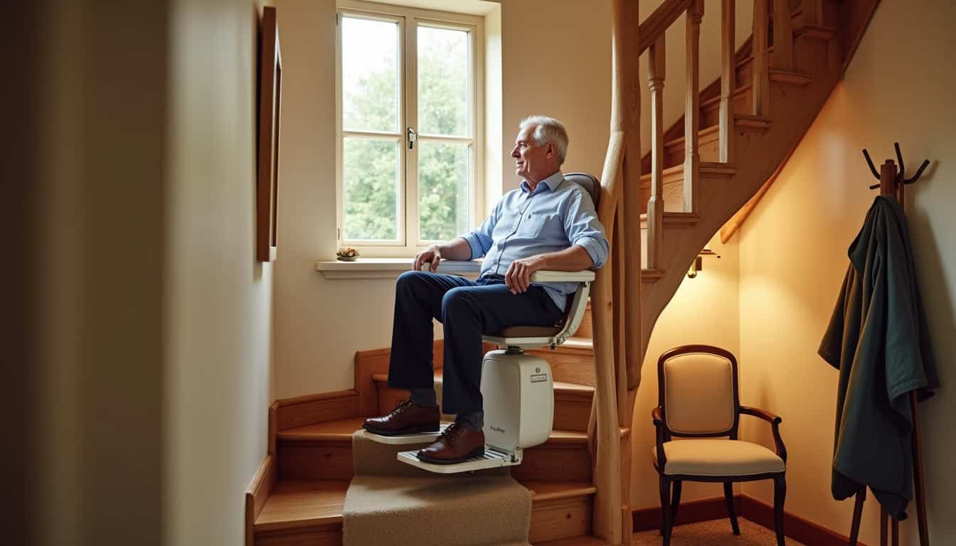 Monte-escalier tournant en cours d’utilisation dans une maison traditionnelle de Chantemerle-les-Blés