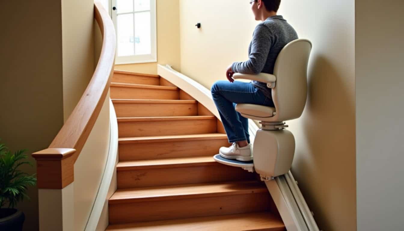 Monte-escalier tournant en fonctionnement dans un escalier intérieur avec virage
