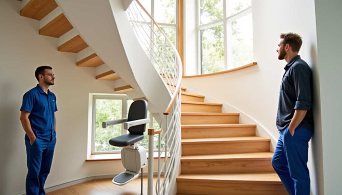 Monte-escalier tournant en fonctionnement dans une maison de Segonzac