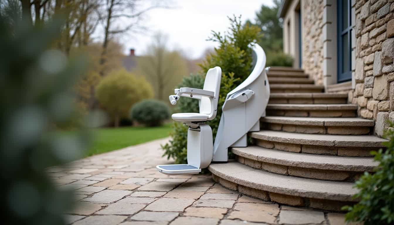 Monte-escalier tournant installé à l’extérieur d’une habitation à Angers
