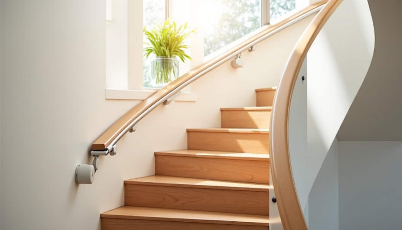 Monte-escalier tournant installé dans un escalier à virage à Jullouville, montrant le rail courbé qui suit la configuration de l’escalier