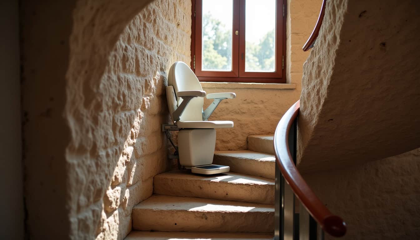 Monte-escalier tournant installé dans un escalier ancien à Chinon