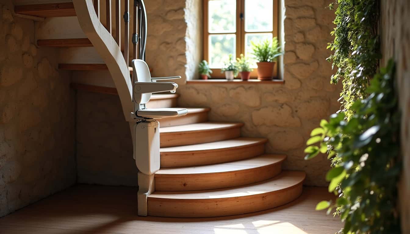 Monte-escalier tournant installé dans un escalier en colimaçon à Saint-Vaury