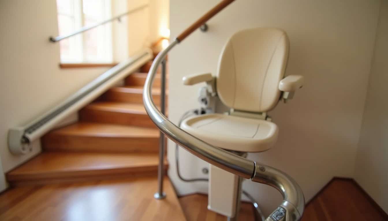 Monte-escalier tournant installé dans un escalier en colimaçon, avec rail courbe et siège pivotant