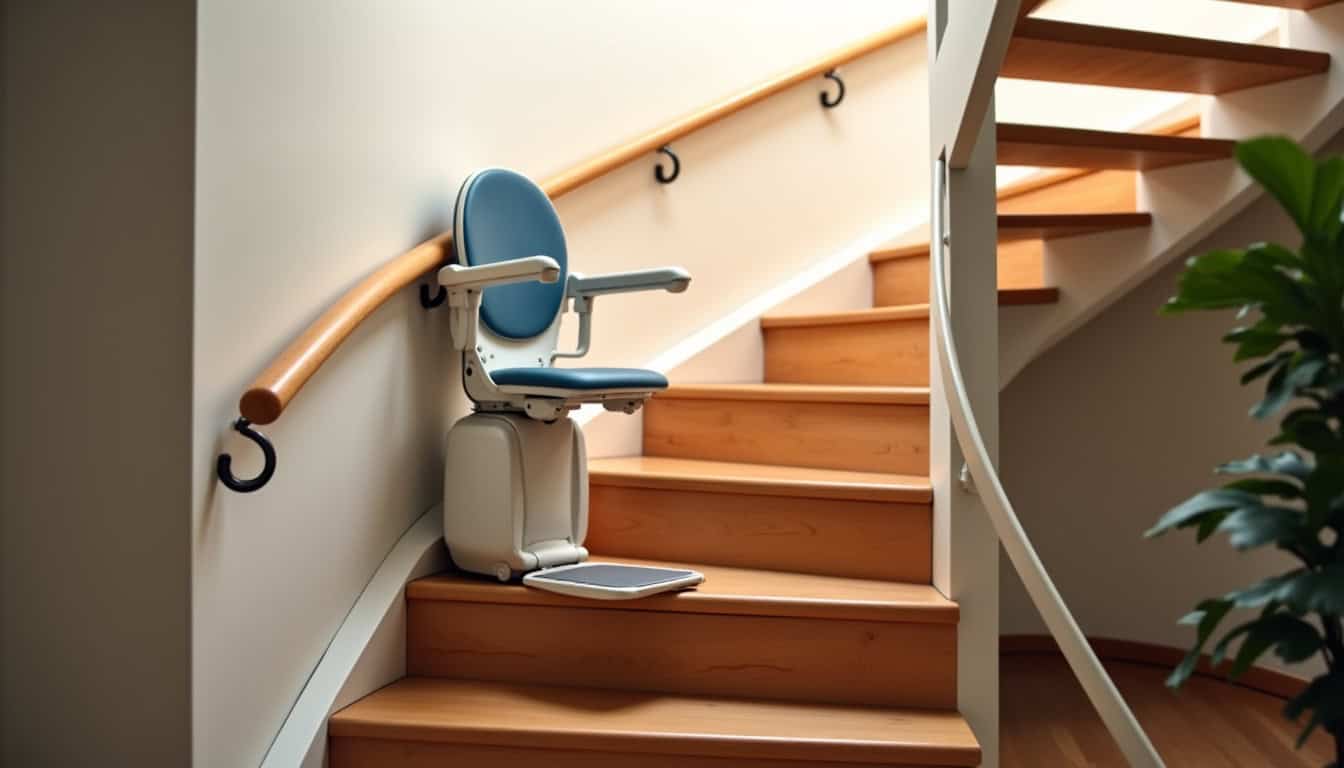 Monte-escalier tournant installé dans un escalier en colimaçon en intérieur, avec un siège plié sur le côté