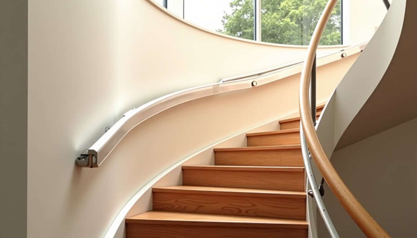 Monte-escalier tournant installé dans un escalier en colimaçon, intégré harmonieusement à l