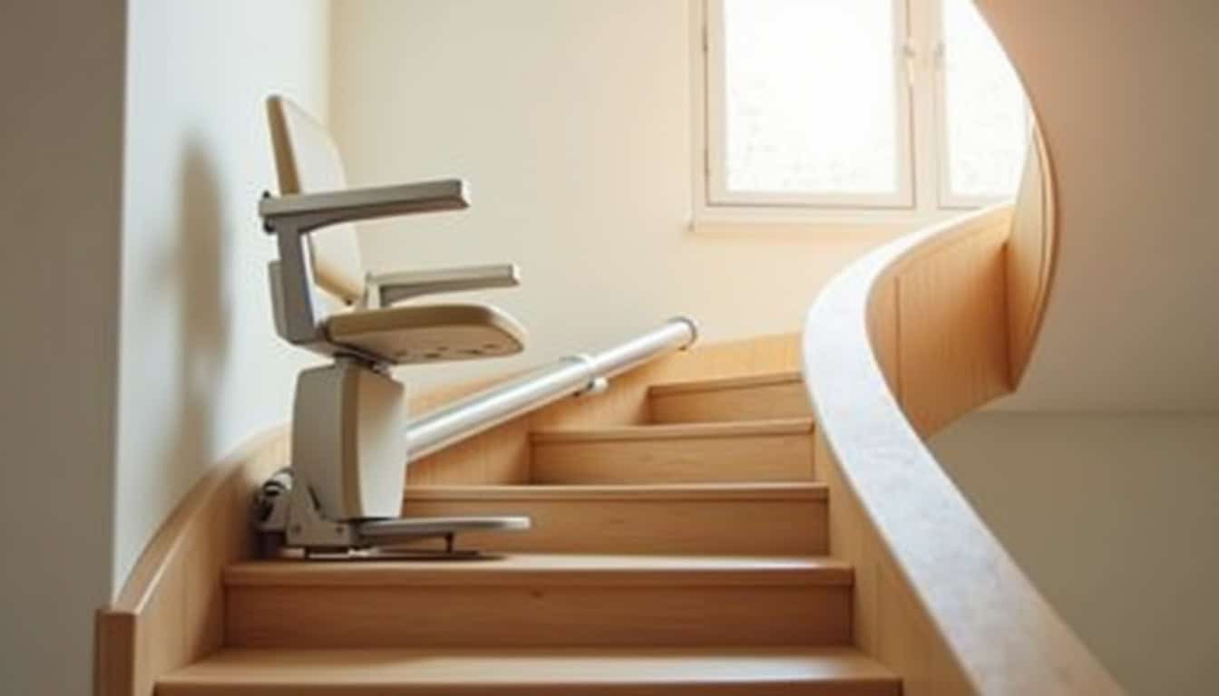 Monte-escalier tournant installé dans un escalier intérieur avec courbe et palier