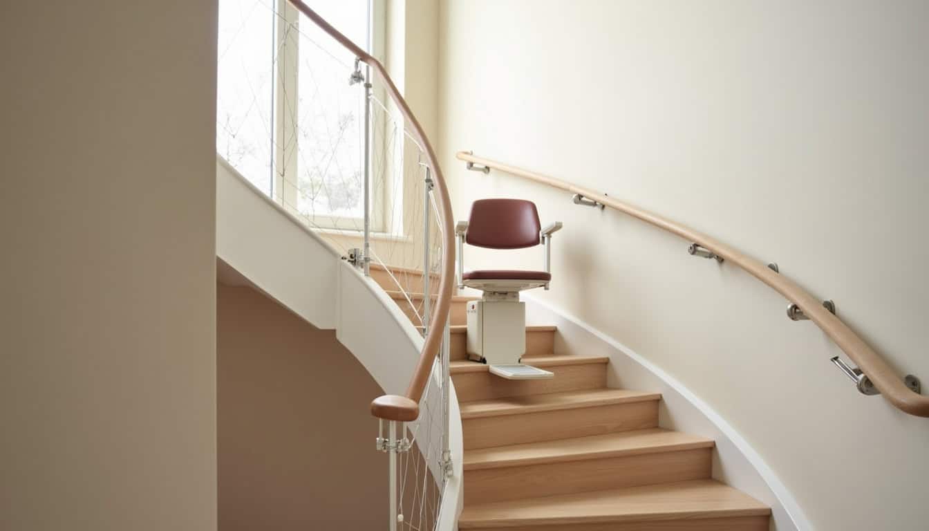 Monte-escalier tournant installé dans un escalier intérieur avec virage à Tauxigny-Saint-Bauld