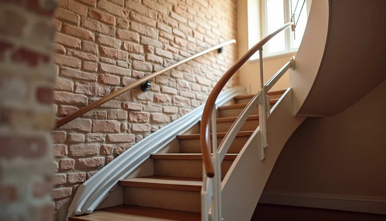 Monte-escalier tournant installé dans un escalier intérieur avec virage, intégré discrètement dans une maison picarde en brique